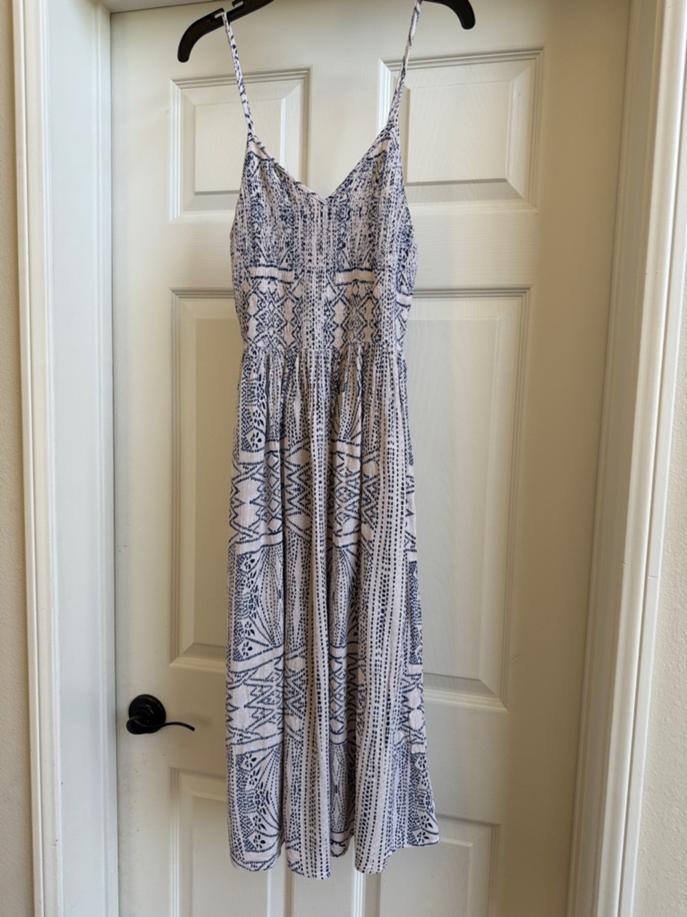 Boho Print Spaghetti Strap Midi Dress in Cream and Navy